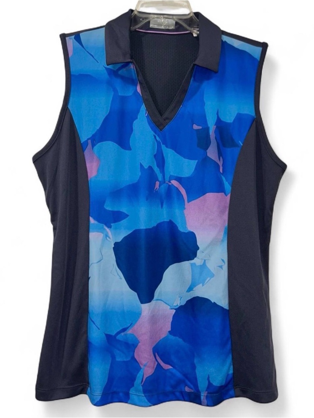 Callaway Blue and Black Floral-Print Sleeveless Polo Tank Women’s XL